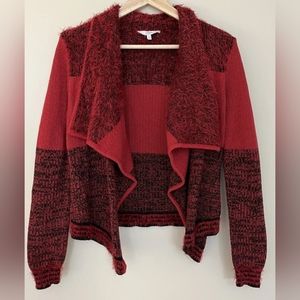 Candies Cropped Waterfall Fuzzy Red Black Cardigan Sweater Women Junior EUC